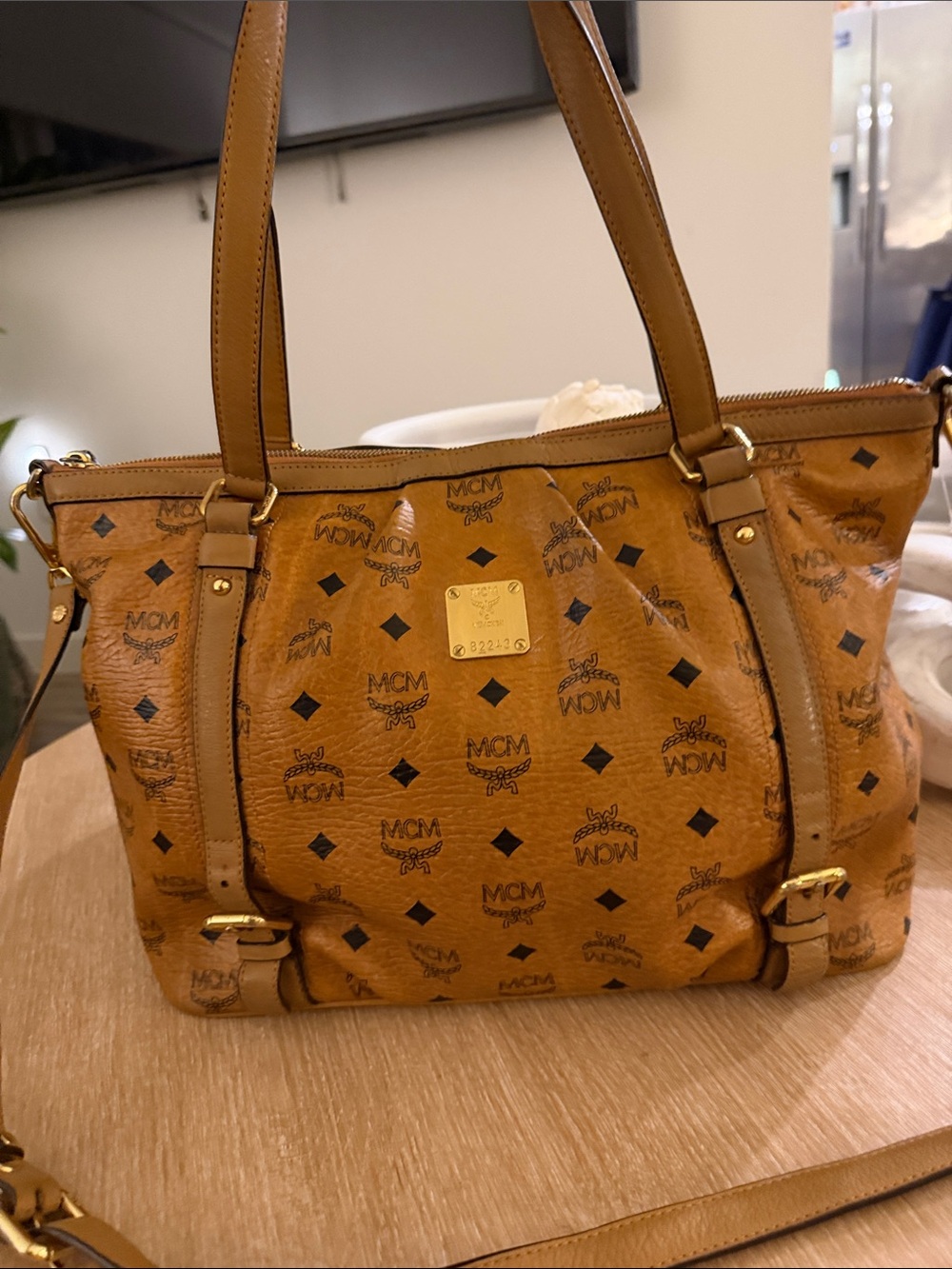 MCM Cognac Visetos Monogram Leather Shoulder Bag